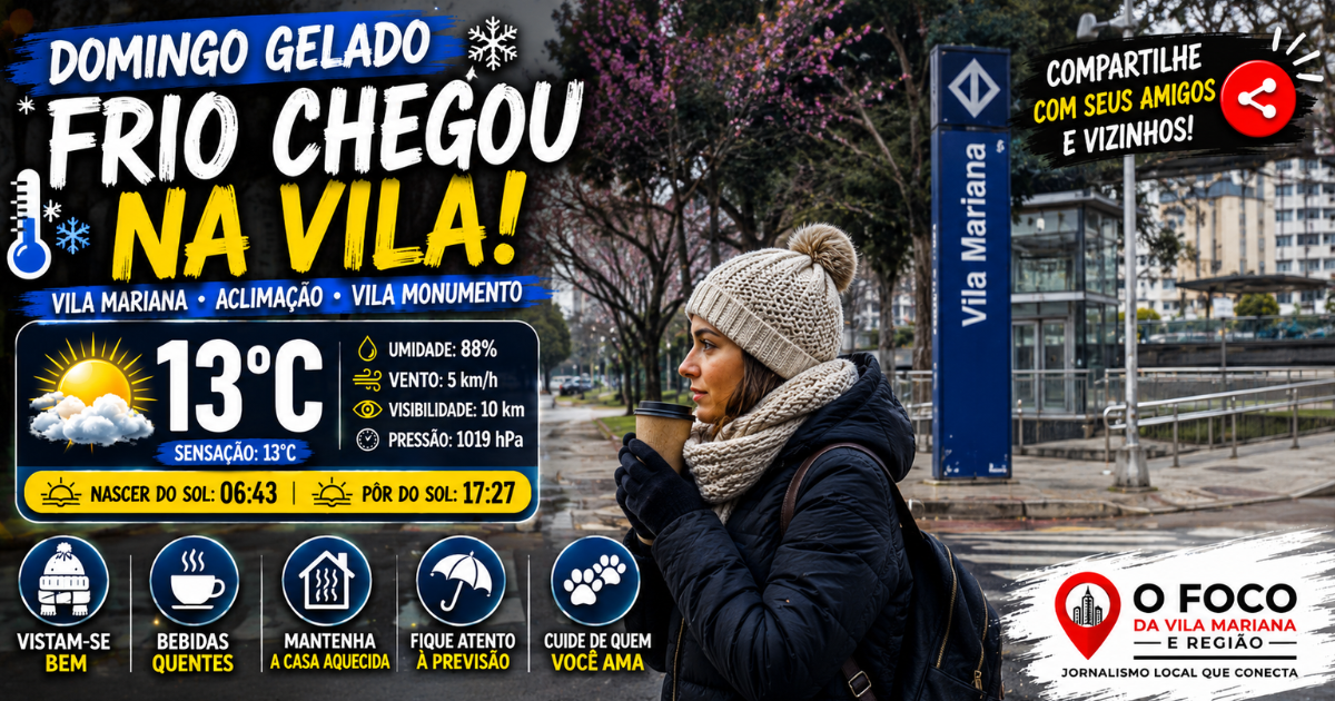 Frio aumenta na Vila Mariana neste domingo com temperatura de 13°C em frente ao Metrô Vila Mariana